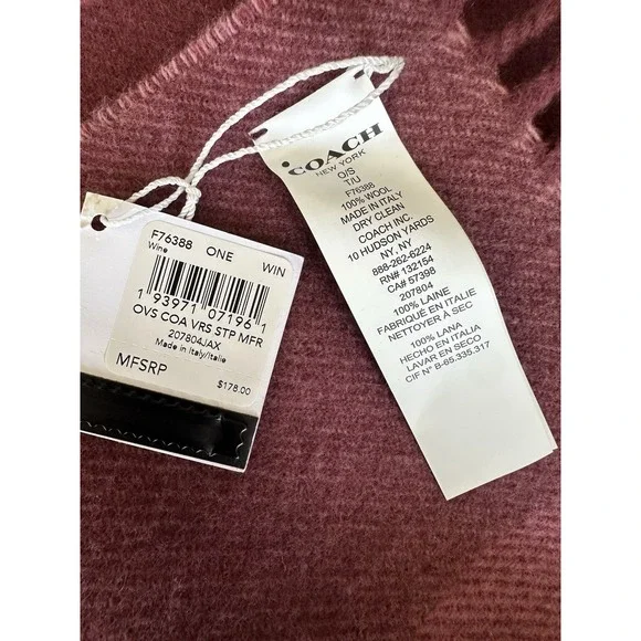 NWT Coach Wool Varsity Stripe Oversized Muffler Scarf F76388 Wine Pink Fringe - Picture 7 of 10